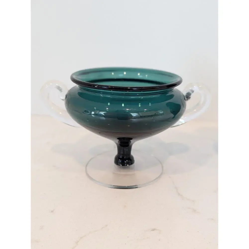 Vtg MCM Rich Teal Art Glass Sugar Creamer Set Hand Blown Green Clear Accents